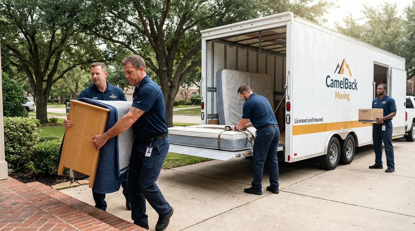 Crew loading residential truck for cross-state move from Tuscumbia, AL