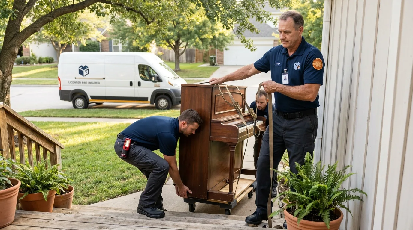 Licensed piano movers securing grand piano in Tuscumbia, AL