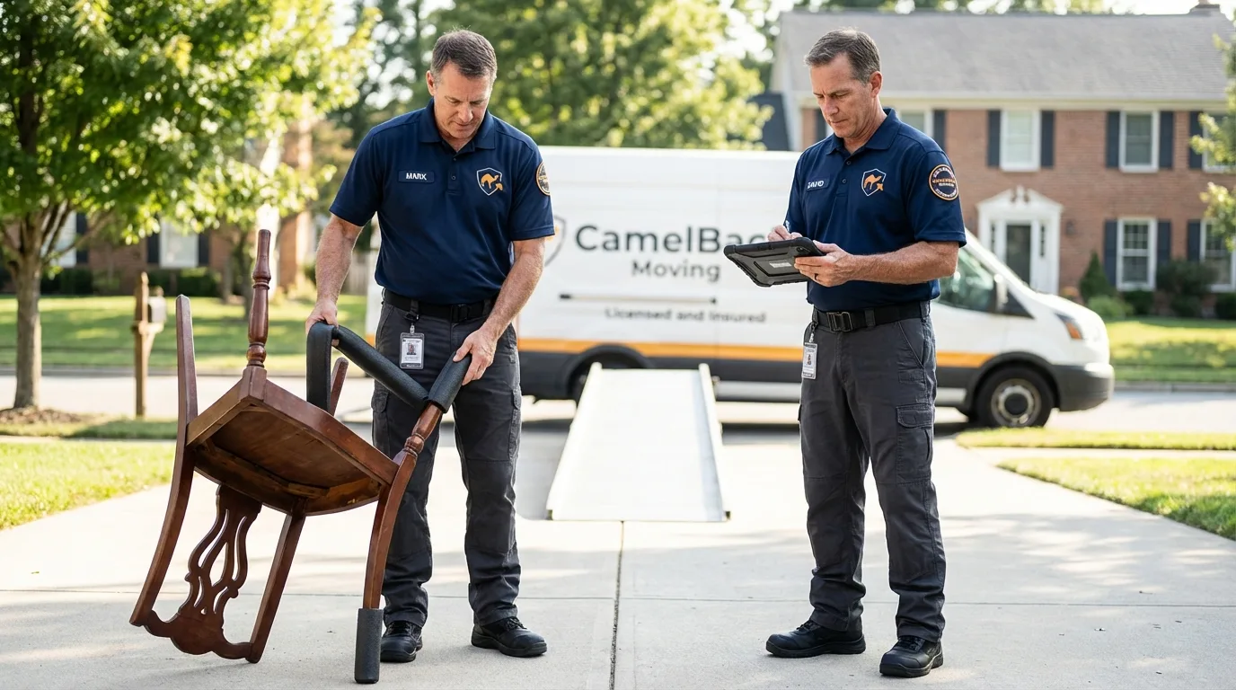 Movers inspecting furniture for damage prevention before loading in Tuscumbia, AL