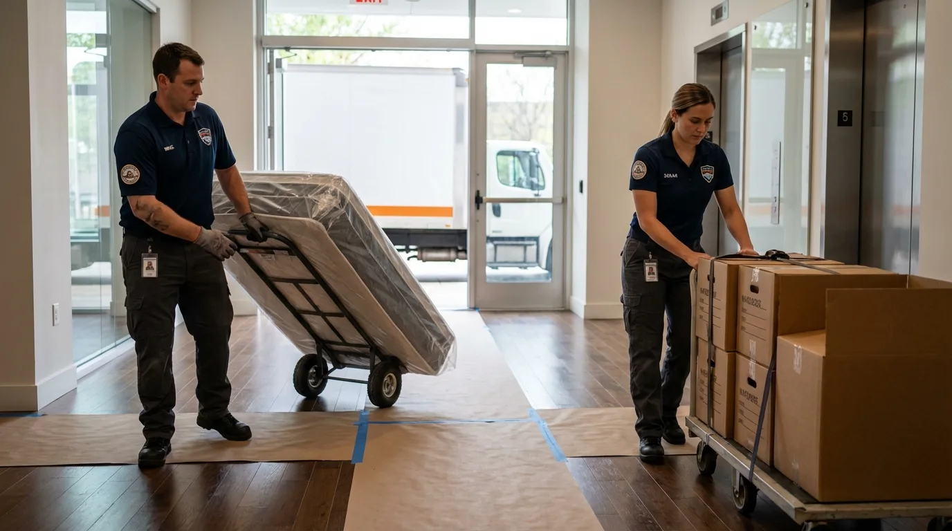 Professional apartment movers loading elevator in Tuscumbia, AL