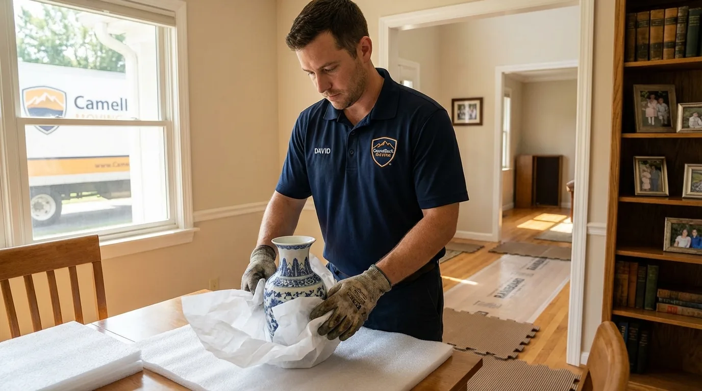 Professional crew carefully wrapping antique vase for senior downsizing move in Tuscumbia, AL